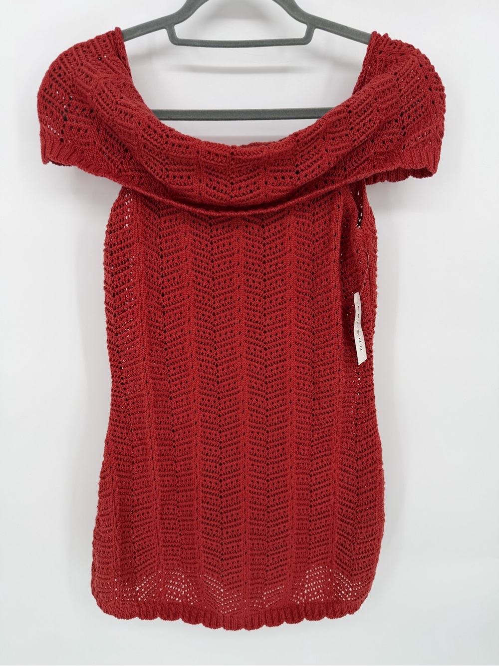 Third Charm Off-the-Shoulder Open-Knit Sweater Top - Red